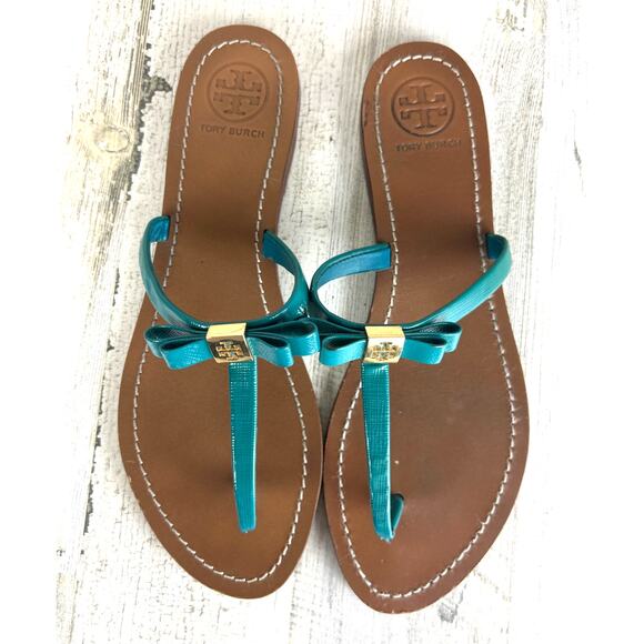 Tory Burch Womens 10 Blue Gold Leighanne Bow Slip-On Logo Thong Sandals - Picture 3 of 11